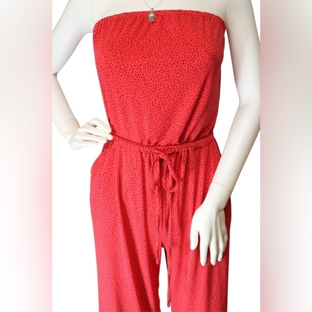 Express Red With Black Polka Dot Strapless Cropped Wide Leg Women Jumpsuit Sz XS - Picture 4 of 13